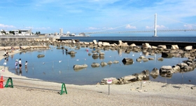 自然観察ゾーンとしての利用が始まった大蔵海岸西地区。手前の囲われたエリアは、干潮時に魚を観察しやすいように設けた潮だまり=明石市大蔵海岸通2 自然観察ゾーンとしての利用が始まった大蔵海岸西地区。手前の囲われたエリアは、干潮時に魚を観察しやすいように設けた潮だまり=明石市大蔵海岸通2