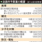 兵庫県淡路市が発表した2021年度当初予算案。主要施策は「教育」「観光」「少子化対策」などの5本柱を掲げる。タブレット活用教育を継続し、子どもの医療給付費を拡充するなど、子育て環境の充実を図る。