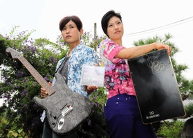 バンドのCDとギターを手にするYukitoさん(左)と、カホンを持つRayさん=洲本市五色町都志大日 バンドのCDとギターを手にするYukitoさん(左)と、カホンを持つRayさん=洲本市五色町都志大日
