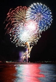 夜空と水面を染める花火=多賀の浜海水浴場 夜空と水面を染める花火=多賀の浜海水浴場