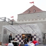 ドラゴンクエストのアトラクション区域内にある城の前で催されたトークショー=淡路市楠本