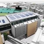 甲子園球場外周に建屋(中央)を新設し、屋上の柱が新たな「銀傘」を支えるイメージ。銀傘の上には太陽光パネルも設ける(阪神電気鉄道提供)