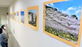 綾部山梅林のさまざまな表情を切り取った作品が並ぶ会場=山陽百貨店 綾部山梅林のさまざまな表情を切り取った作品が並ぶ会場=山陽百貨店