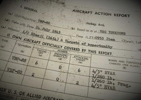 米海軍が作成した「第88戦闘爆撃飛行隊」の「エアクラフト・アクション・レポート」のコピー(田中まことさん提供) 米海軍が作成した「第88戦闘爆撃飛行隊」の「エアクラフト・アクション・レポート」のコピー(田中まことさん提供)