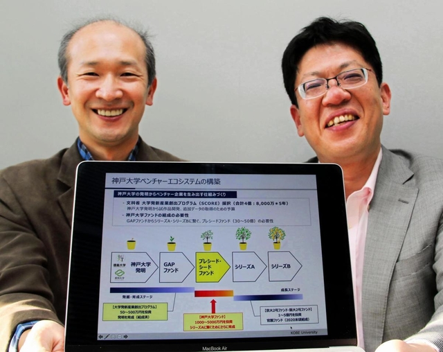 大学発ベンチャーに対する投資ファンドの計画を説明する神戸大学イノベーションの大津賀伝市郎執行役員(左)と安田崇取締役=神戸市灘区六甲台町