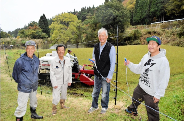 電気柵を施したソバ畑を背にする兵庫県新温泉町春来地区の小谷和信さん(右から2人目)ら=春来地区