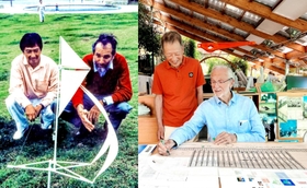 【左】1990年、三田市の中央公園【右】レンゾ・ピアノさん(右)のイタリアの事務所で 【左】1990年、三田市の中央公園【右】レンゾ・ピアノさん(右)のイタリアの事務所で