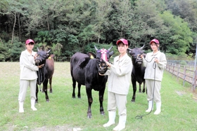 後藤歩希さんと「みつふく」(中央)、今井彩香さんと「たまる」(左)、高橋実桜さんと「らん」=上郡町山野里、上郡高校羽山農場 後藤歩希さんと「みつふく」(中央)、今井彩香さんと「たまる」(左)、高橋実桜さんと「らん」=上郡町山野里、上郡高校羽山農場