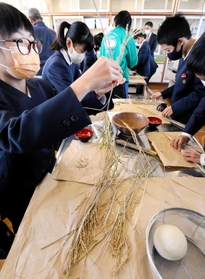 身近な道具で脱穀や精米作業に挑戦した児童=越部小学校 身近な道具で脱穀や精米作業に挑戦した児童=越部小学校
