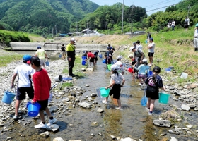 川の生き物を採集する子どもたち=佐用町内(横山正さん提供) 川の生き物を採集する子どもたち=佐用町内(横山正さん提供)