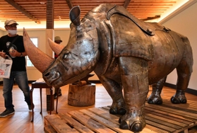 金属を金づちでたたいて形を作る「鍛金」の技法を用いて作られたサイ。動き出しそうな躍動感にあふれていた=11日午後、神戸市灘区六甲山町 金属を金づちでたたいて形を作る「鍛金」の技法を用いて作られたサイ。動き出しそうな躍動感にあふれていた=11日午後、神戸市灘区六甲山町