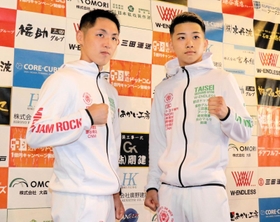 次戦に向けて意気込む(左から)加納陸と尾崎優日=三田市の大成ジム 次戦に向けて意気込む(左から)加納陸と尾崎優日=三田市の大成ジム