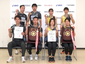 大学・一般400メートルリレーで優勝した男子・ELITEと女子・KAGOTANIの選手たち(撮影・風斗雅博) 大学・一般400メートルリレーで優勝した男子・ELITEと女子・KAGOTANIの選手たち(撮影・風斗雅博)
