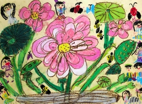 ハスの花や友人たちを描いた西垣文乃ちゃんの作品 ハスの花や友人たちを描いた西垣文乃ちゃんの作品