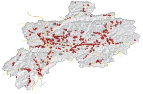 ツバメの巣の目撃情報を記した地図 ツバメの巣の目撃情報を記した地図