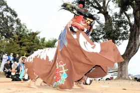 秋祭りで激しい動きを見せる獅子舞=稲根神社 秋祭りで激しい動きを見せる獅子舞=稲根神社