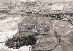 上空から見た発掘調査が始まる前の大中遺跡(1962年、播磨町提供) 上空から見た発掘調査が始まる前の大中遺跡(1962年、播磨町提供)