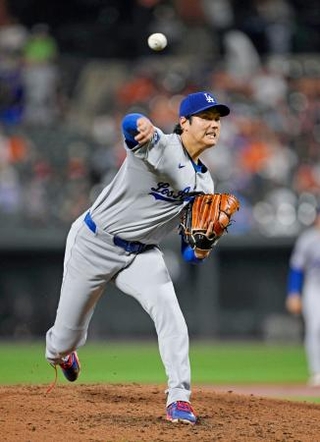オリオールズ戦に先発登板したドジャース・大谷。3回2/3を無失点で勝敗は付かなかった=ボルティモア(共同)