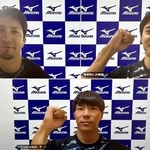 オンライン取材でポーズをとる陸上男子の飯塚翔太(右上)、ディーン元気(左上)、佐藤風雅=3日