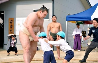 園児と相撲を取る安青錦。奥は今年完成した屋内の稽古場=30日、福岡県久留米市