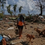 ハリケーン「メリッサ」で破壊された家のがれきの中を歩く女性=30日、キューバ(AP=共同)