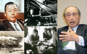 (写真右)数土文夫・JFEホールディングス名誉顧問(写真左)西山弥太郎氏(中央上)千葉製鉄所の第一高炉に火入れする西山弥太郎氏=1953年(※)(中央下)打ち合わせをする西山弥太郎氏=1951年(※)(左下)川崎製鉄葺合工場(1955年)(※)※はJFEホールディングス提供