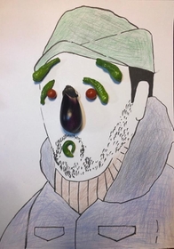「収穫した野菜で田中邦衛さんを描いてみました」(古今亭志ん五さん提供) 「収穫した野菜で田中邦衛さんを描いてみました」(古今亭志ん五さん提供)