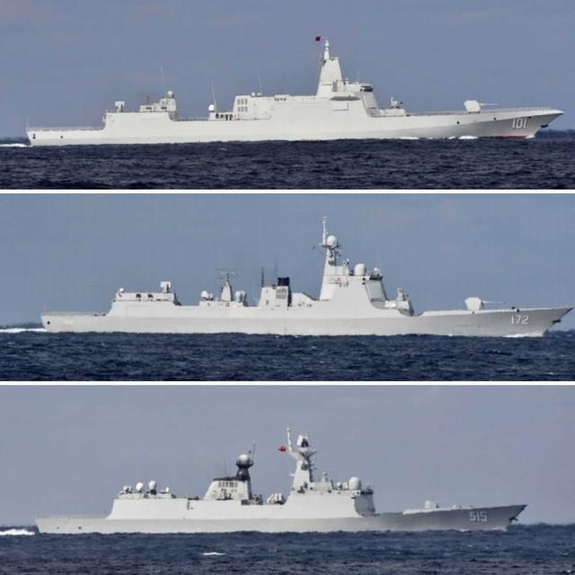 2021年10月18日に津軽海峡を通過した中国海軍艦艇の一部。上から、レンハイ級ミサイル駆逐艦(101)、ルーヤン3級ミサイル駆逐艦(172)、ジャンカイ2級フリゲート(515)/防衛省統合幕僚監部・報道発表資料より(https://www.mod.go.jp/js/Press/press2021/press_pdf/p20211018_02.pdf)