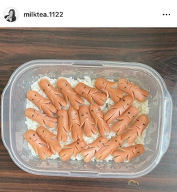 ぎっしりと詰められたウインナー星人。「フラダンスしてるみたい」との反応もある(いずれもmilkteaさん提供) ぎっしりと詰められたウインナー星人。「フラダンスしてるみたい」との反応もある(いずれもmilkteaさん提供)