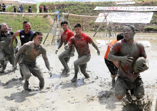 どろんこラグビーを楽しむコベルコ神戸スティーラーズの選手ら=北区大沢町上大沢