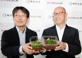 事業化を目指すゼニゴケをアピールする神戸大の石崎公庸教授(左)と水谷正治准教授=神戸市中央区加納町4、アンカー神戸 事業化を目指すゼニゴケをアピールする神戸大の石崎公庸教授(左)と水谷正治准教授=神戸市中央区加納町4、アンカー神戸