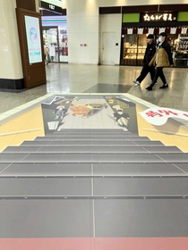 階段を下りると、そこは「銀の馬車道」。駅の利用者らを驚かせているだまし絵=JR姫路駅中央コンコース 階段を下りると、そこは「銀の馬車道」。駅の利用者らを驚かせているだまし絵=JR姫路駅中央コンコース