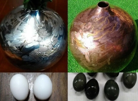 上段は銀の花器。新品(左)が、日数がたつと、変色した(右)。下段は普通の卵(左)と黒い卵(右) 上段は銀の花器。新品(左)が、日数がたつと、変色した(右)。下段は普通の卵(左)と黒い卵(右)