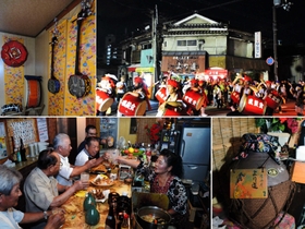 沖縄料理店「より道」の外観と店内に飾られる三線など。(左)(下)は常連客と話す末安喜代子さん(右)=尼崎市戸ノ内町6 沖縄料理店「より道」の外観と店内に飾られる三線など。(左)(下)は常連客と話す末安喜代子さん(右)=尼崎市戸ノ内町6