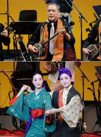 (上)三線を弾く仲村元一さん。(下)琉球舞踊を踊る母知子さん(右)と娘佑奈さん=神戸市中央区(撮影・三津山朋彦) (上)三線を弾く仲村元一さん。(下)琉球舞踊を踊る母知子さん(右)と娘佑奈さん=神戸市中央区(撮影・三津山朋彦)