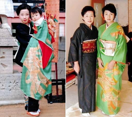 ねり子の晴れ着は昔、ほどいて大人用に仕立て直せるように縫われていた。前田沙智さんは、38年前に着た晴れ着で今年の祭りに臨んだ=1979年(左、伊富貴江利さん提供)、2017年(右) ねり子の晴れ着は昔、ほどいて大人用に仕立て直せるように縫われていた。前田沙智さんは、38年前に着た晴れ着で今年の祭りに臨んだ=1979年(左、伊富貴江利さん提供)、2017年(右)