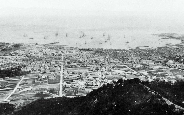 1889(明治22)年ごろ、錨山(いかりやま)から撮影された神戸市街。オリーブ園があったのは左下の区画で、植栽が見える(神戸市文書館提供、アーサー・トムセン氏所蔵) 1889(明治22)年ごろ、錨山(いかりやま)から撮影された神戸市街。オリーブ園があったのは左下の区画で、植栽が見える(神戸市文書館提供、アーサー・トムセン氏所蔵)