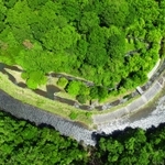 青野川に沿うように設けられた「多自然型魚道」。うねった水の道が跳ねる魚の輪郭を描く(小型無人機より撮影)=三田市加茂