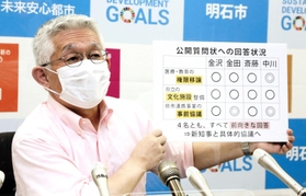 公開質問状への回答状況について説明する泉房穂市長＝明石市役所