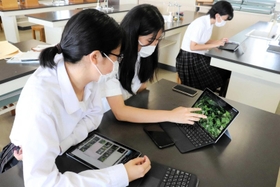 パソコンを使って植物の特定に取り組む生徒＝明石市荷山町