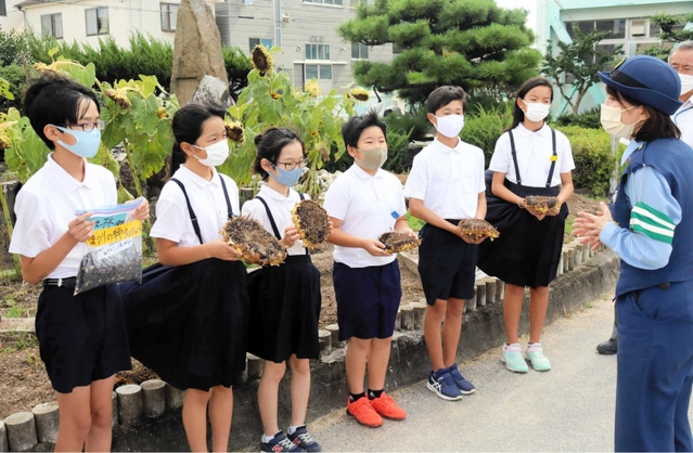 「ひまわりの絆プロジェクト」で育てたヒマワリの種を明石署員に手渡す林小学校の児童会のメンバー＝明石市林崎町１