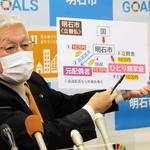 実際の養育者に１０万円が渡るようにする取り組みを説明する泉房穂市長＝明石市役所