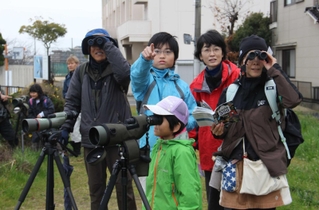 野鳥を見つけて指をさす参加者ら＝明石市大久保町西島
