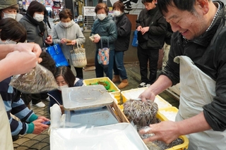 漁の最終日も鮮魚店にはイカナゴを買い求める客の列ができた＝明石市本町１