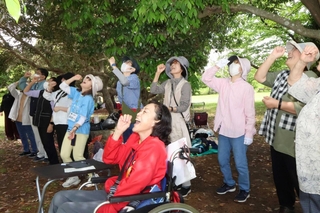 団子を食べるポーズで体を動かす参加者ら＝県立明石公園