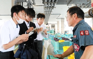 漁師の戎谷道男さんから話を聞く（左から）田中陽樹さん、木村櫂士さん、織田遥士さん＝明石浦漁港