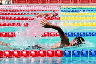 男子１５００メートル自由形で競う選手たち＝明石海浜プール