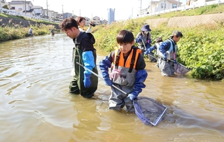 網を手にアカミミガメを探す参加者ら＝明石市魚住町清水