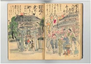 おでんを振る舞う様子と、お参りをする人たち