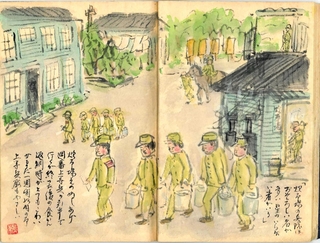 上等兵に引率され、炊事場で食事を受け取って戻る初年兵